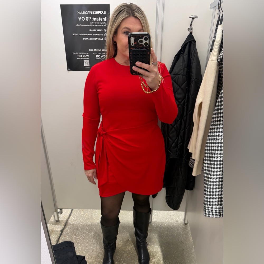 Express Crepe Crew Neck Long Sleeve Tie Wrap Mini Sheath Dress - Picture 2 of 2